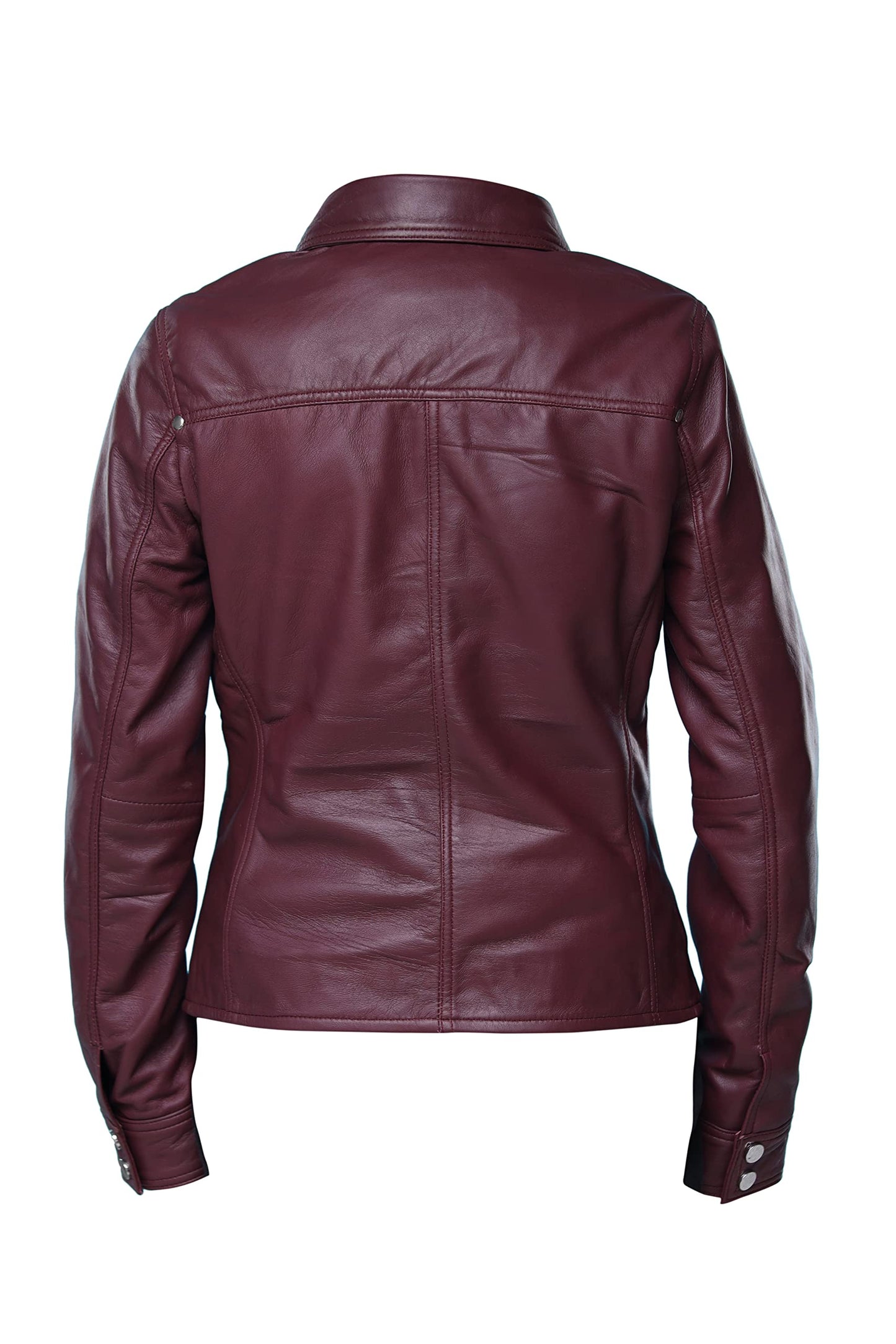 Jild Womens Button Front Lambskin Leather Jacket Shacket - Casual Shirt Long Sleeve Leather Jacket Women with Bust Pocket (Burgandy-L)
