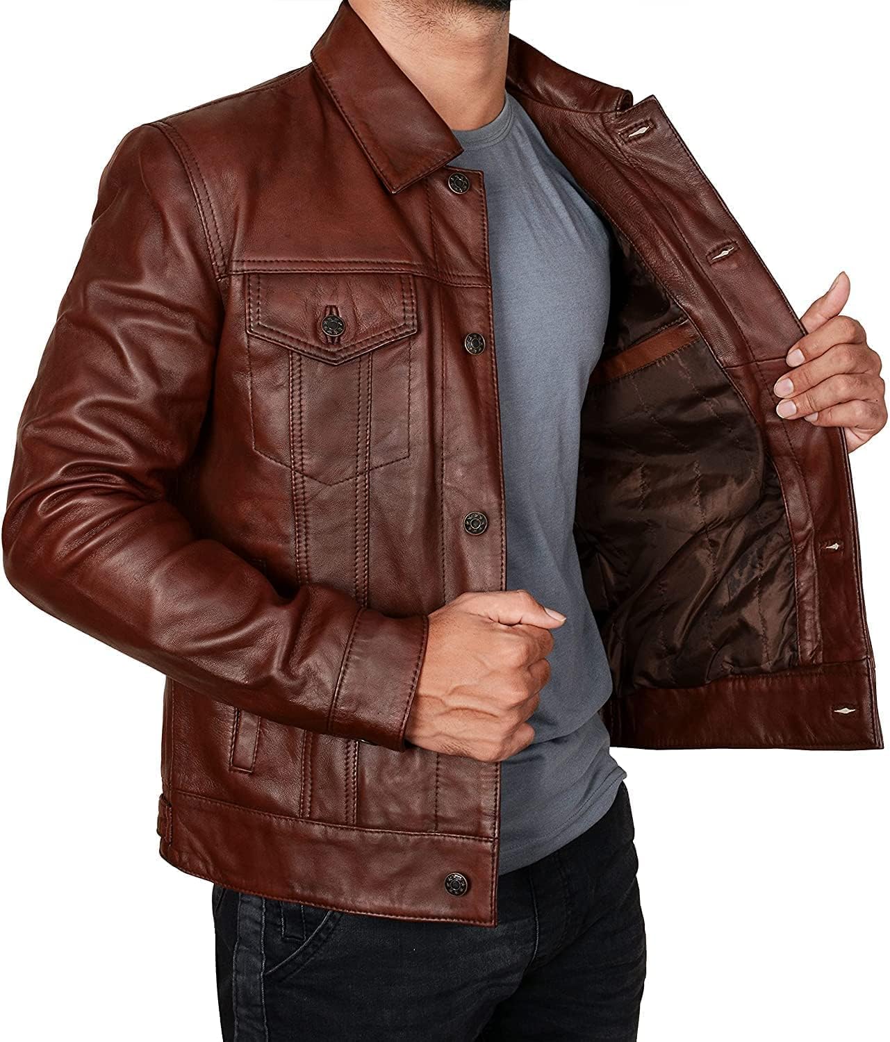 STOREJEES Brown Leather Jacket Men - Chamarras De Piel Para Hombre | Trucker Brown - M