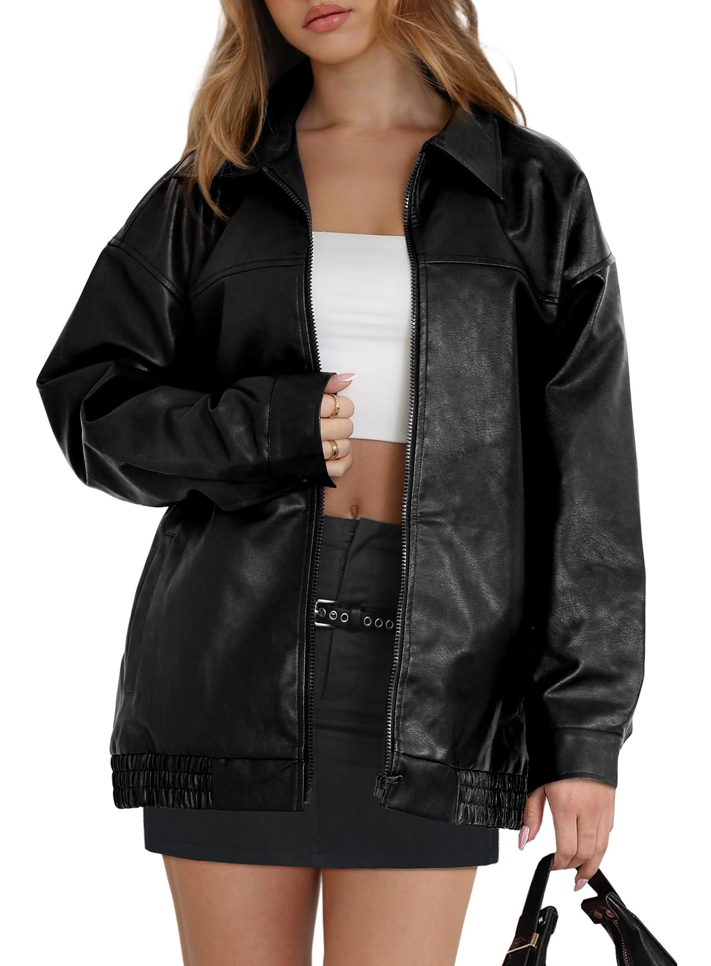 WIHOLL Jacket for Women Cute Motorcycle Biker Leather Coats Vintage 2025 Fall Fashion Outfits Winter Clothes Trendy Cowboy Chic Black S