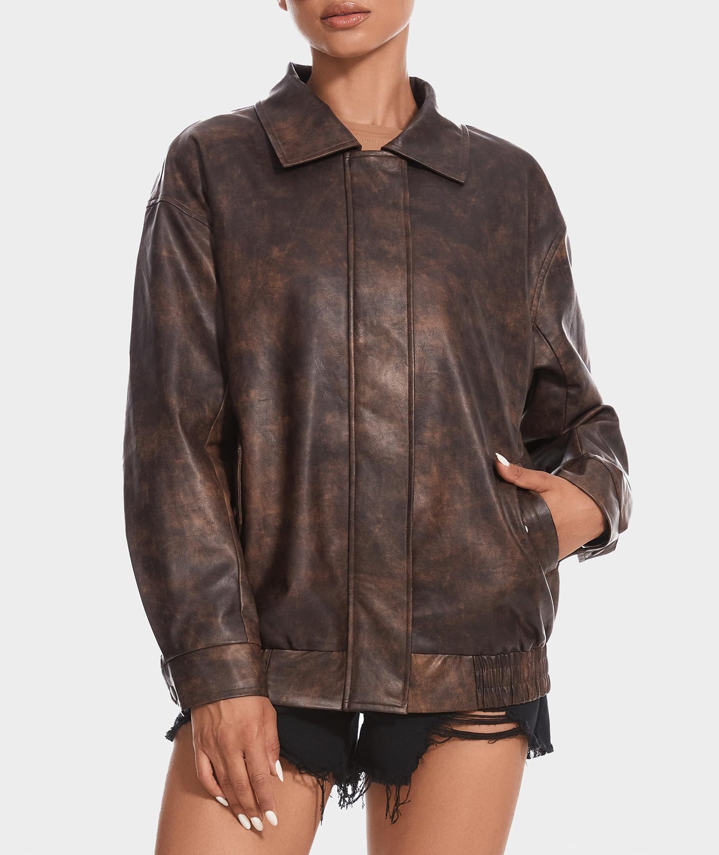 Casly Lamiit Women's Leather Jacket Faux Motorcycle Oversized Zip Up Coat Bomber Jackets Fall Casual Fashion Outfits Outerwear Brown L