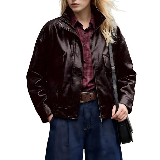 VKXJA Women’s Casual PU Leather Bomber Jacket, Soft Lined Zip-Up Outerwear with Functional Pockets, Trendy Street Style for Fall Winter (US, Alpha, Large, Large, Regular, Regular, Winered)
