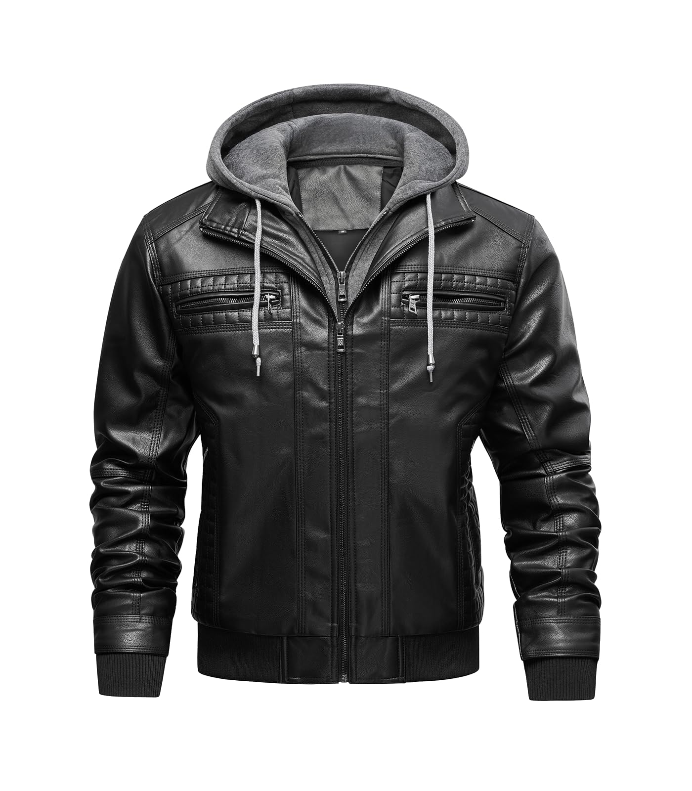 FTIMILD Men's Leather Jacket Motorcycle Jacket Windproof PU Vintage Bomber Jacket with Removable Hood