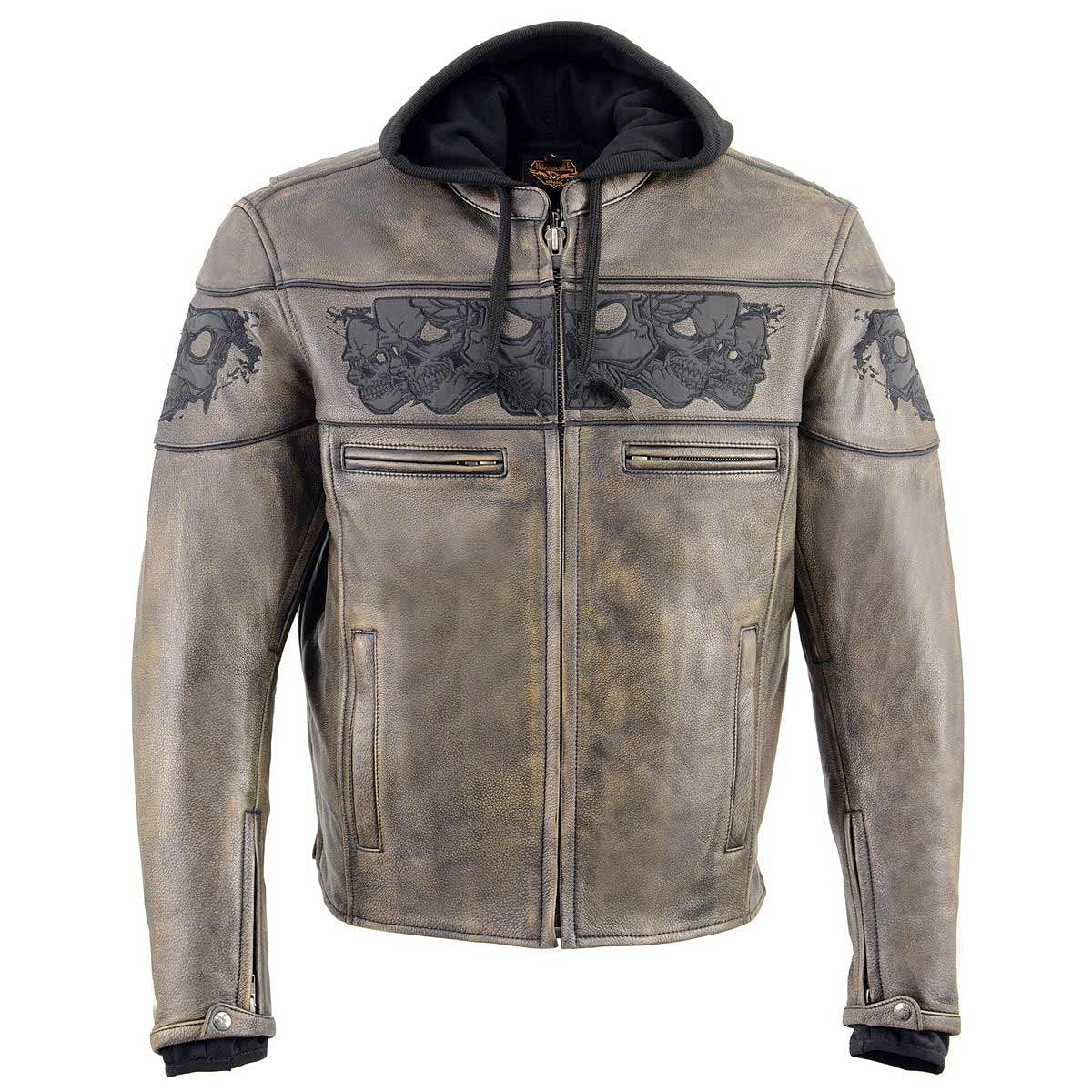 Milwaukee Leather MLM1561 Men's Distressed Brown Leather Jacket with Reflective Skulls - Small