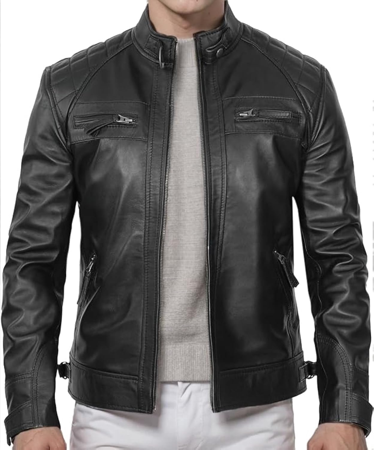 DECIMAL Men's Black Genuine Lambskin Leather Biker Jacket VINTAGE REAL MOTORCYCLE JACKETS FOR MEN (US, Alpha, Large, Regular, Regular, UBLACK)