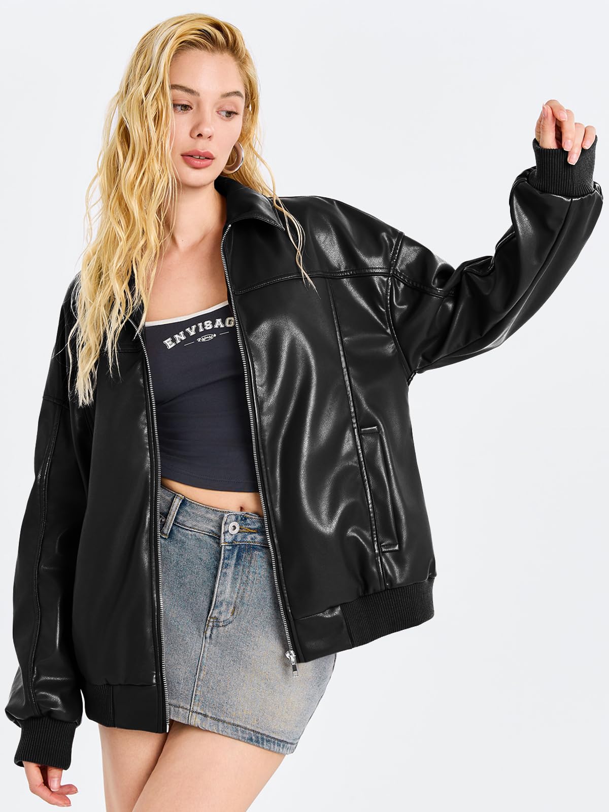 Tankaneo Womens Faux Leather Jackets Oversized Bomber Casual Fall Fashion Zip Up Moto Biker Coats
