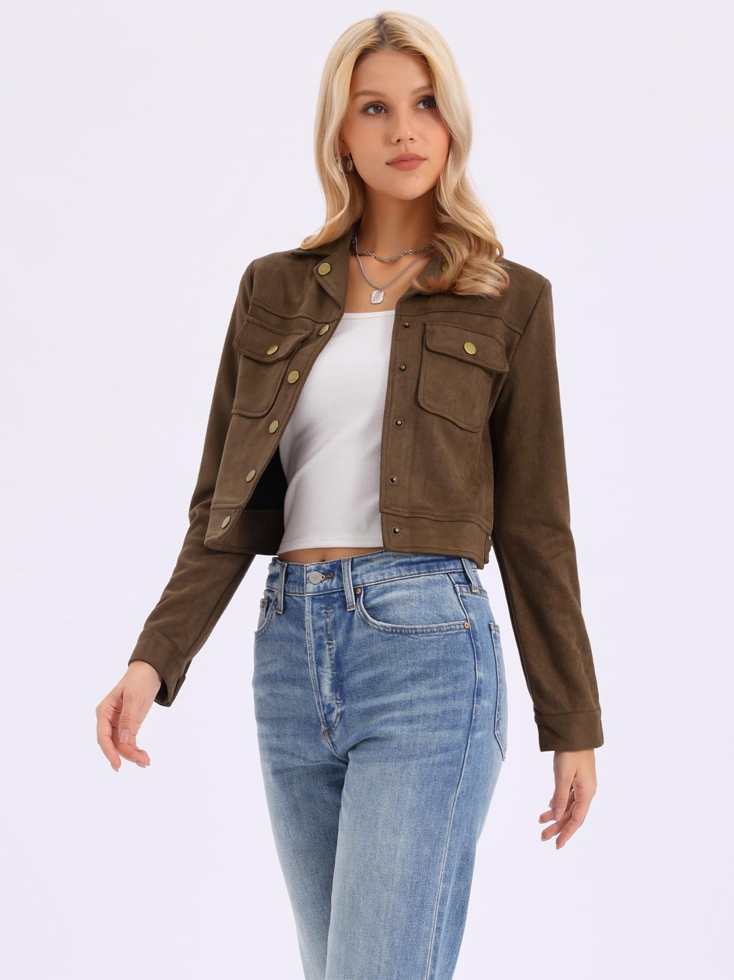 Allegra K Women's Casual Faux Suede Notched Collar Button Up Cropped Jacket with Pockets Small Coffee