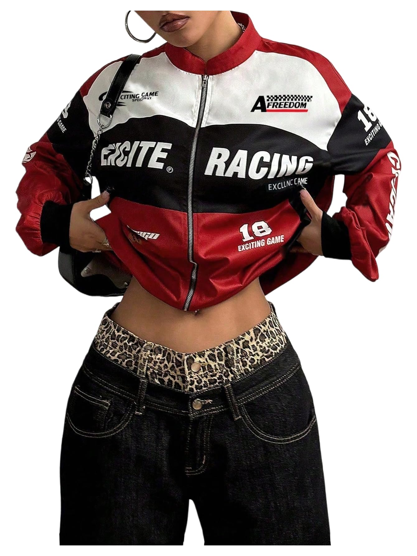 GORGLITTER Women's Race Car F1 Motorcycle Jacket Y2k Racing Outfits