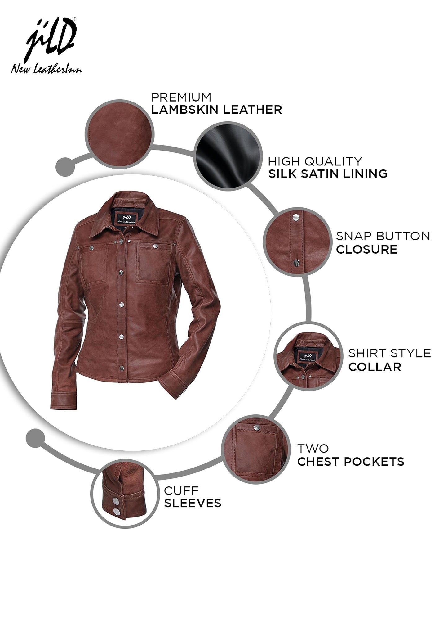 Jild Womens Button Front Lambskin Leather Jacket Shacket - Casual Shirt Long Sleeve Leather Jacket Women with Bust Pocket (A.Brown-XXL)