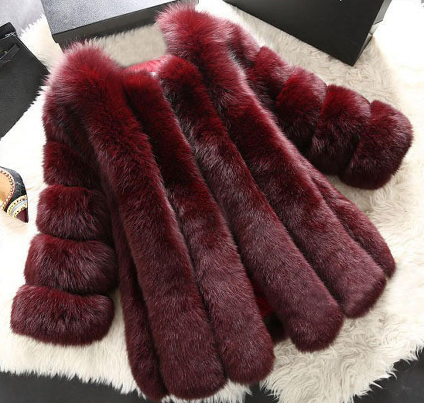 loveimgs Women Elegant Fuzzy Long Faux Fur Coat Puffer Jacket Collarless Parka Winter Zip Up Teddy Coat Overcoat (Medium, Burgundy)