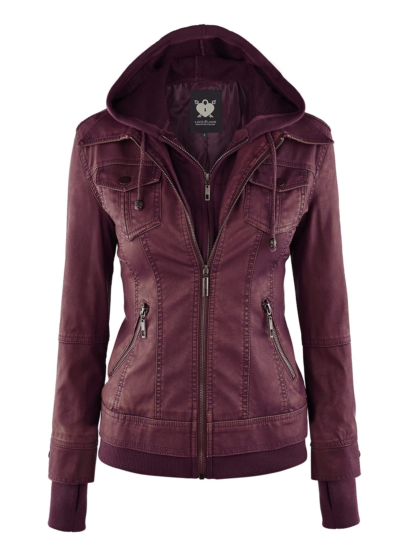 Lock and Love LL WJC664 Womens Faux Leather Jacket with Hoodie S WINE