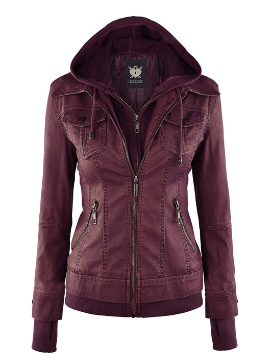 Lock and Love LL WJC664 Womens Faux Leather Jacket with Hoodie S WINE