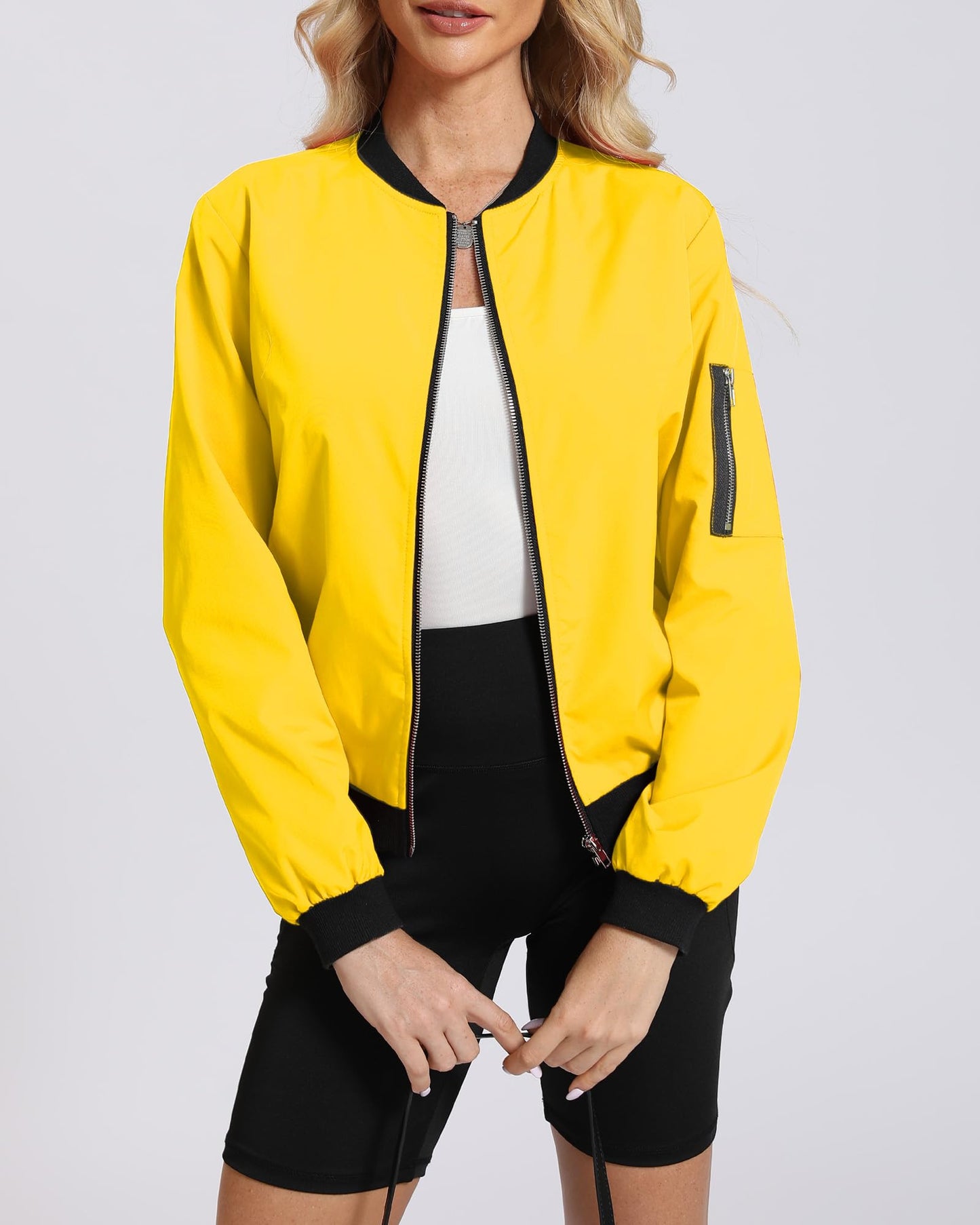 Argstar Women's Bomber Jacket Lightweight Casual Zip Up Outerwear Windbreaker with Pockets Yellow L