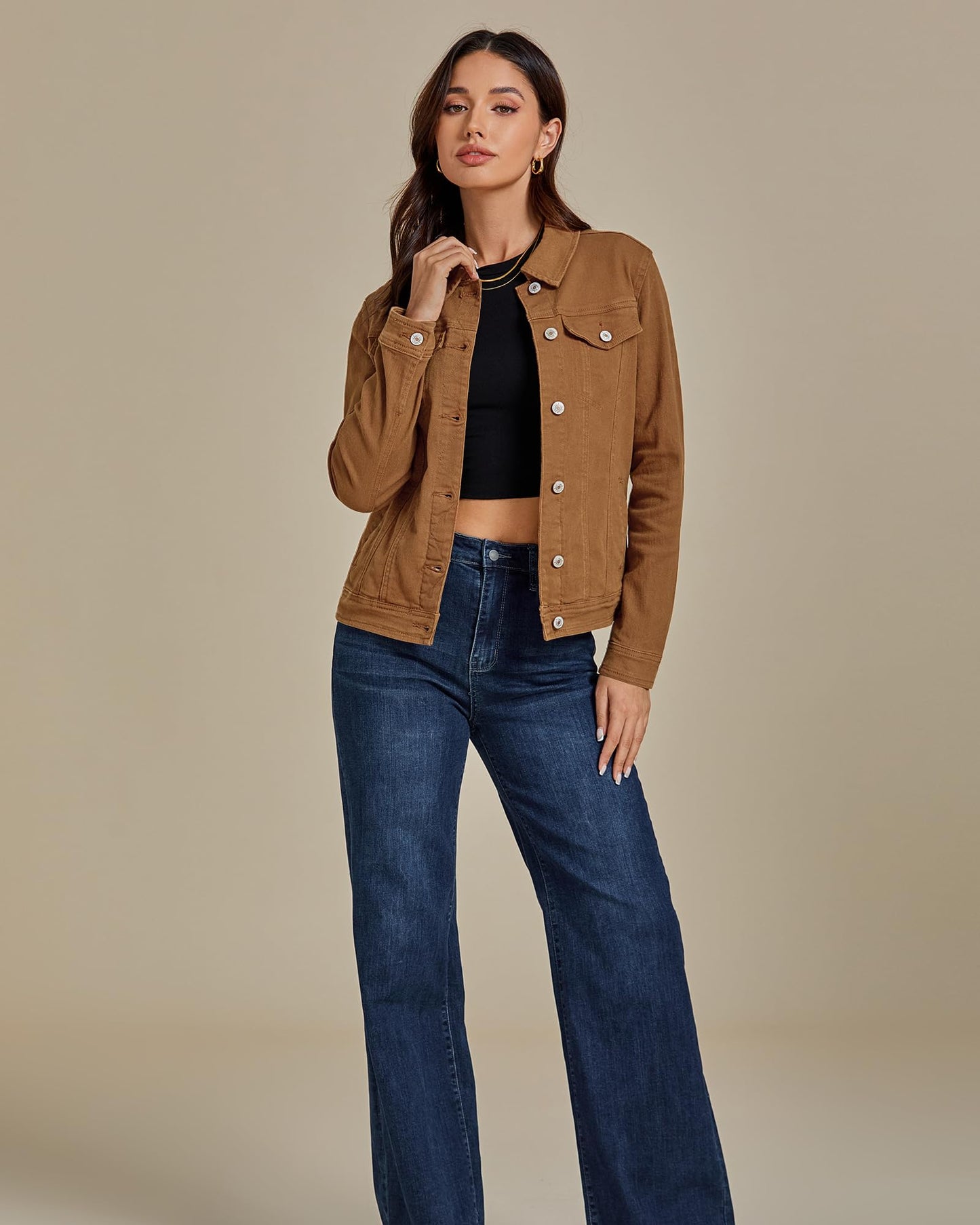 luvamia Women's Classic Casual Long Sleeves Jacket Basic Button Down Brown Trucker Jacket Coat Size Large