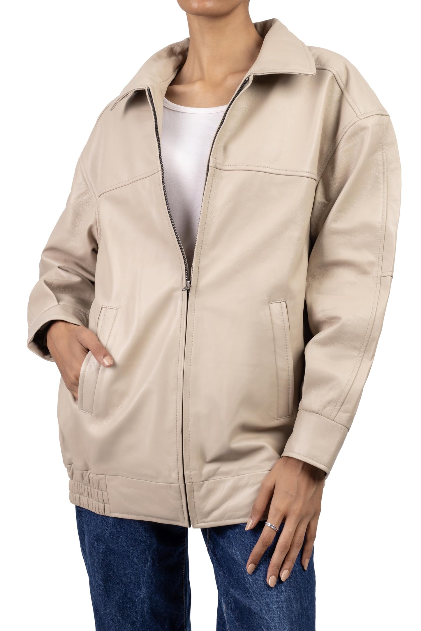 Jild Oversized Leather Jacket Women - Lambskin Leather Fall Jacket for Womens Fashion Plus Size Outfits (OSW-A.White-M)