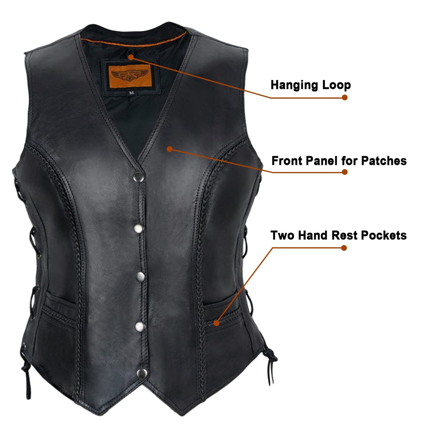 Dream Apparel Womens Black Leather Motorcycle Vest for Riding W/Concealed Carry Pockets, Biker Vest Club Vest W/Side Laces