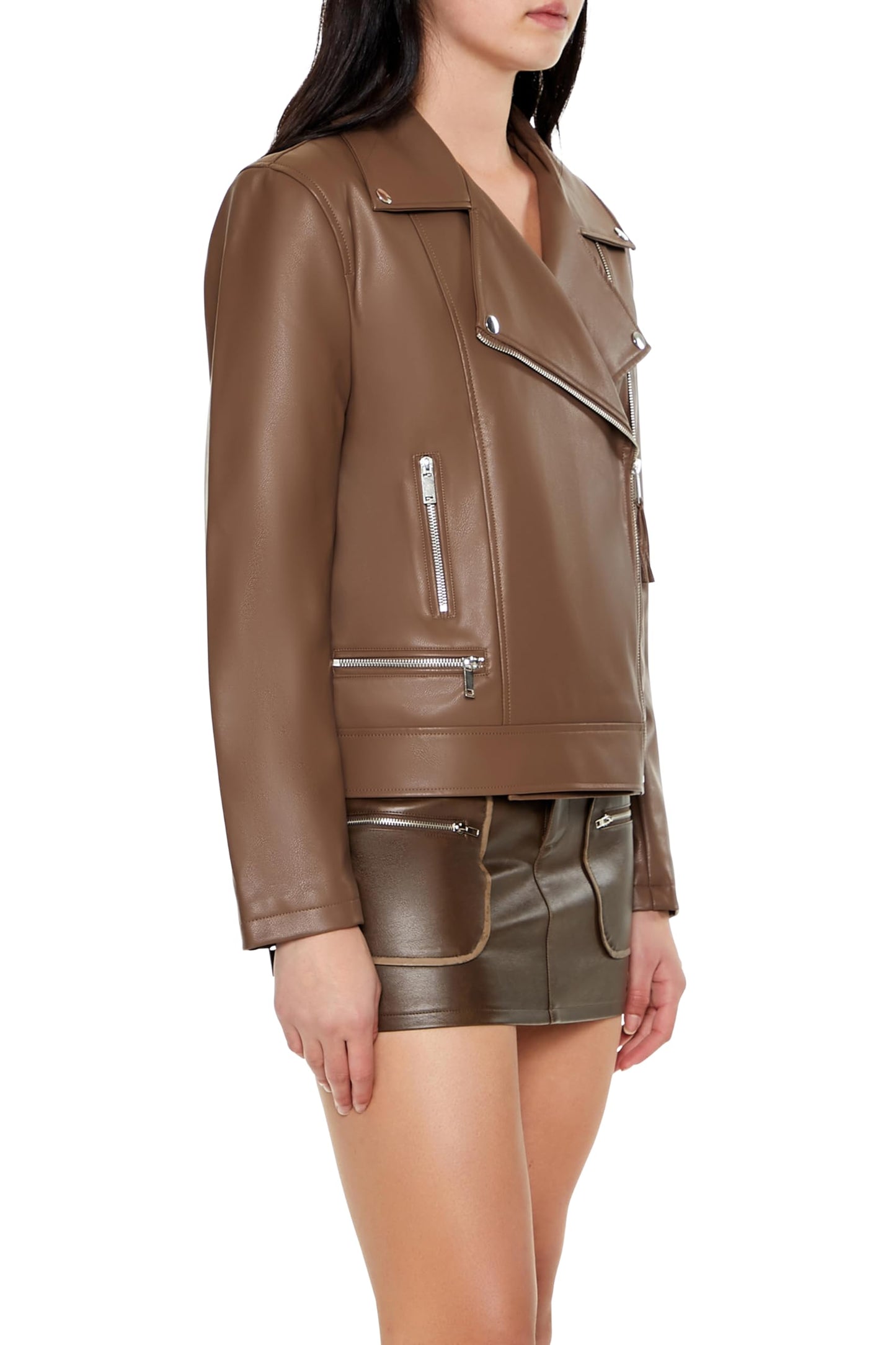 Forever 21 Women's Faux Leather Zip-Up Moto Jacket Espresso Small