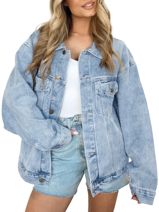 AUTOMET Women's Button Down Oversized Jeans Jacket with Pockets