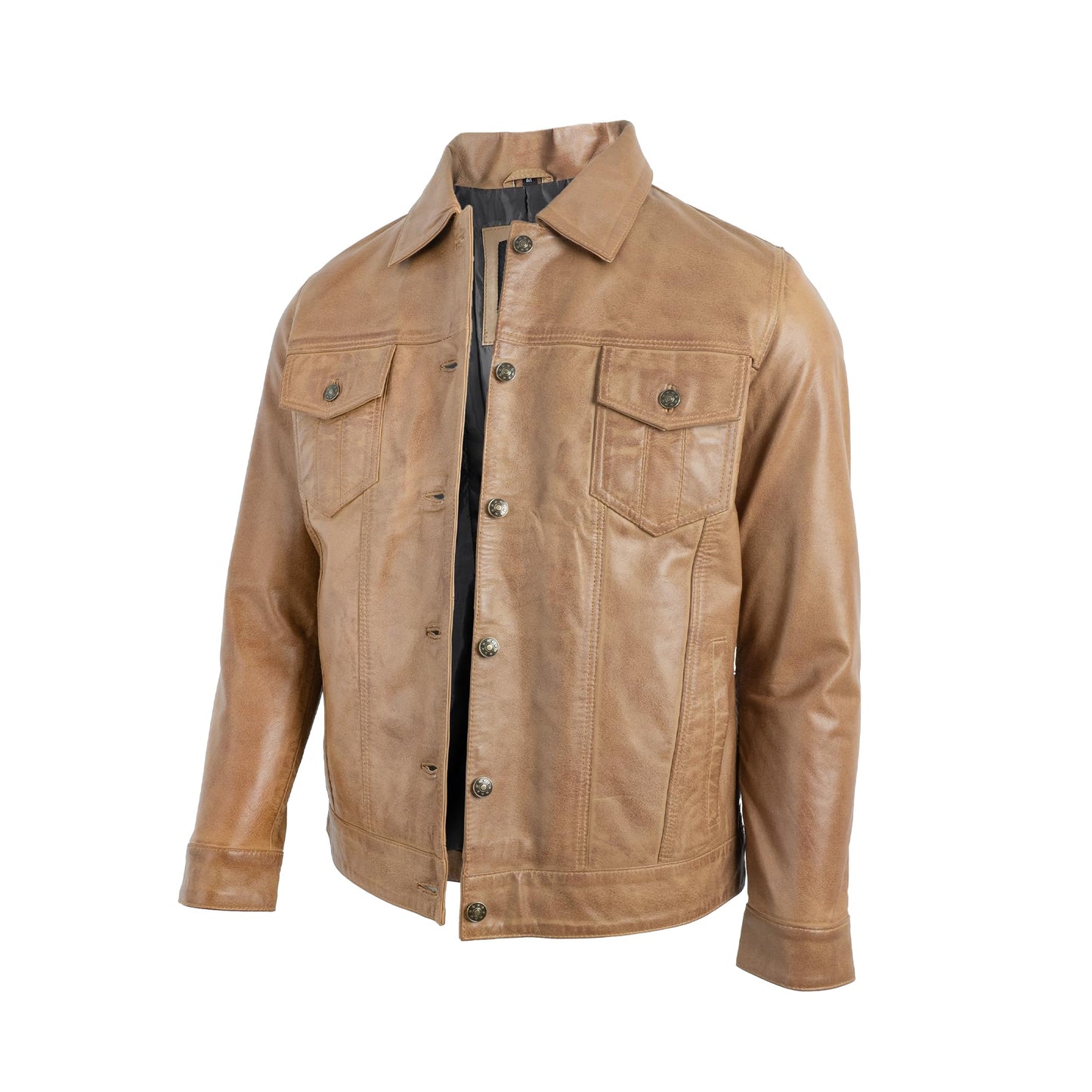 UrbanFocal Brown Leather Jacket Men - Real Lambskin Trucker Style Vintage Leather Jackets | [101002105] F.Trucker Camel, XL