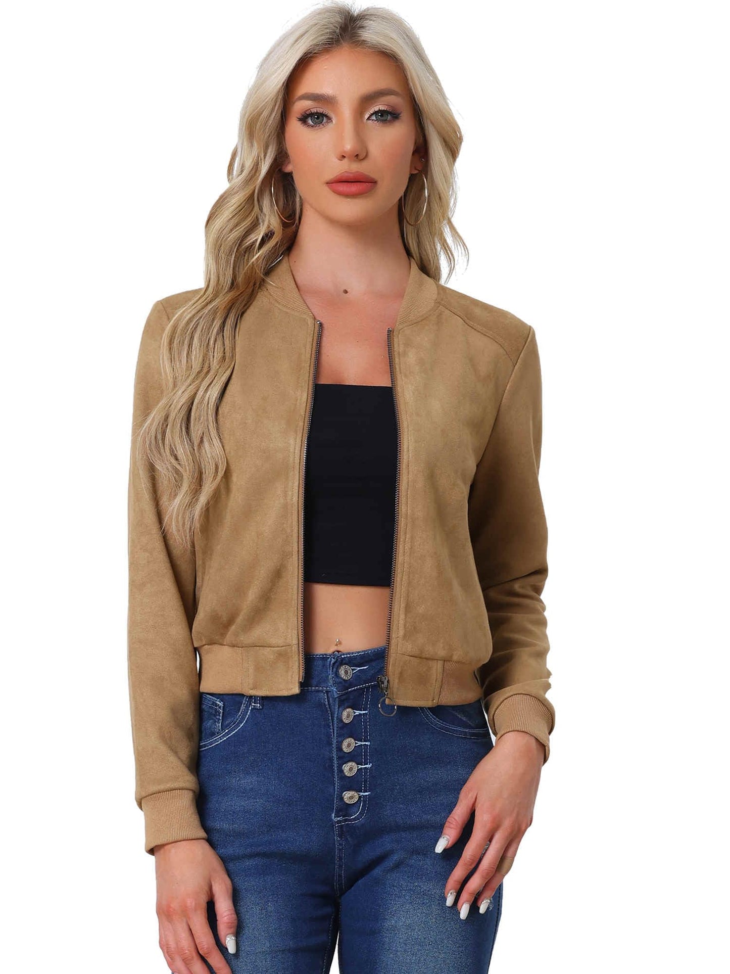 Allegra K Faux Suede Jacket for Women's Stand Collar Zip Up Bomber Jackets