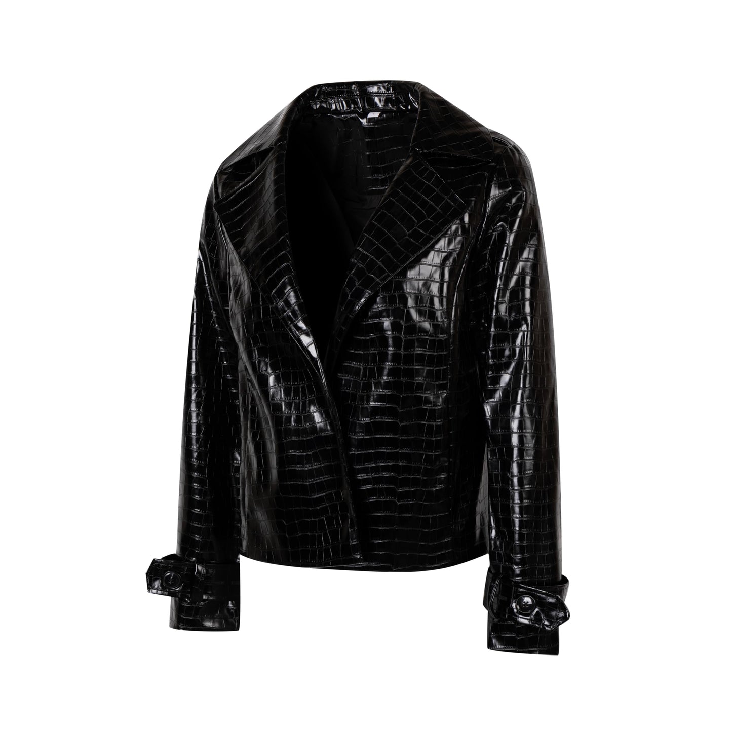 SS-Sunrise Fashion Crocodile Embossed Faux Leather Jacket, Burgundy,Black, Notched Collar, Belted Cuffs (Medium, Black)