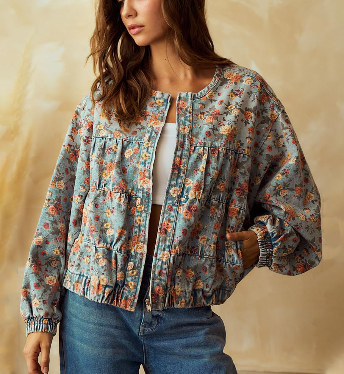chouyatou Women Spring Fall Oversized Jean Jacket Trendy Lightweight Y2K Floral Denim Bomber Jacket Coat (Medium, Floral Blue)