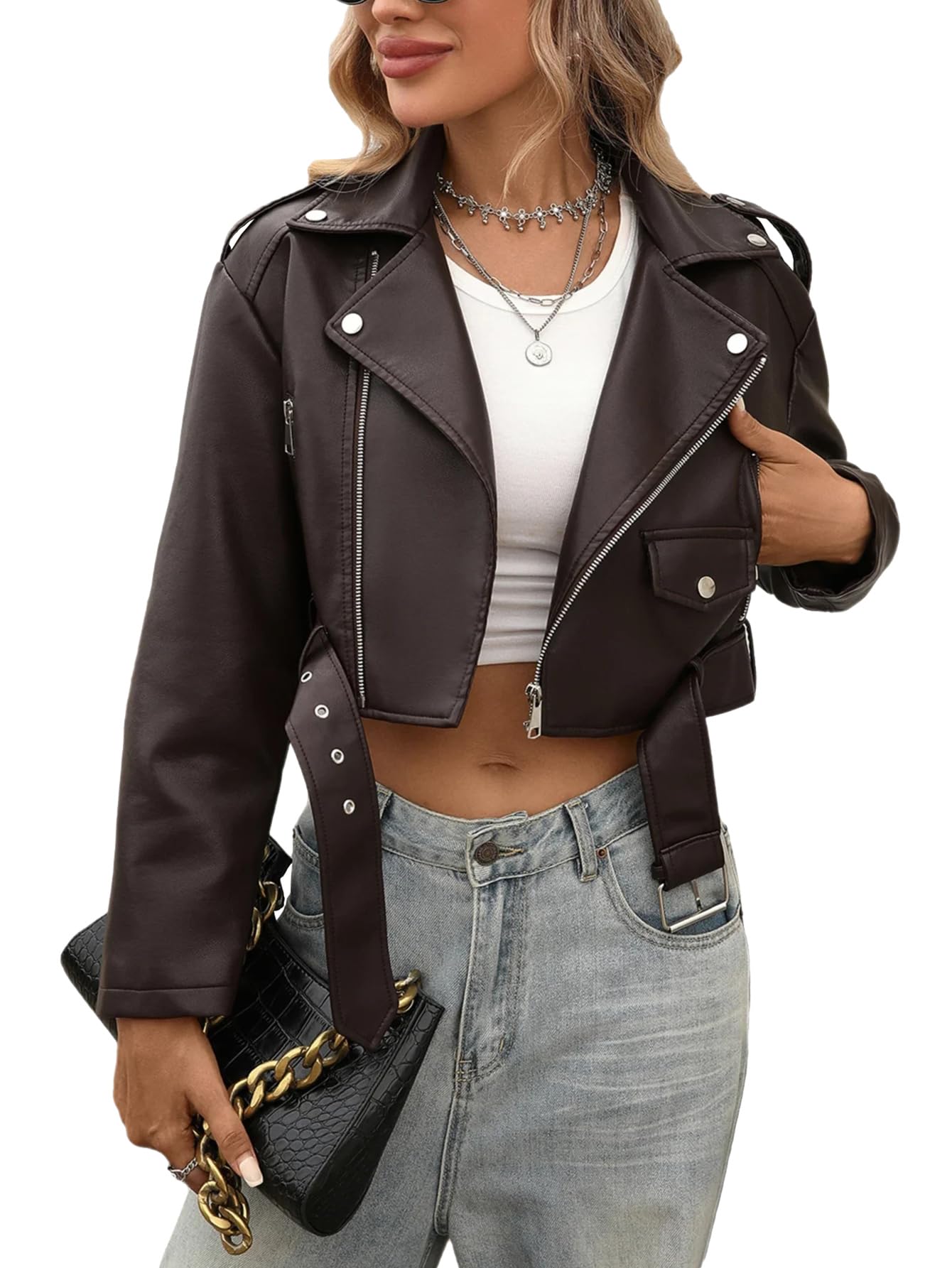 LY VAREY LIN Women Faux Leather Cropped Jacket Bomber Aviator Motor Biker Coat with Belt