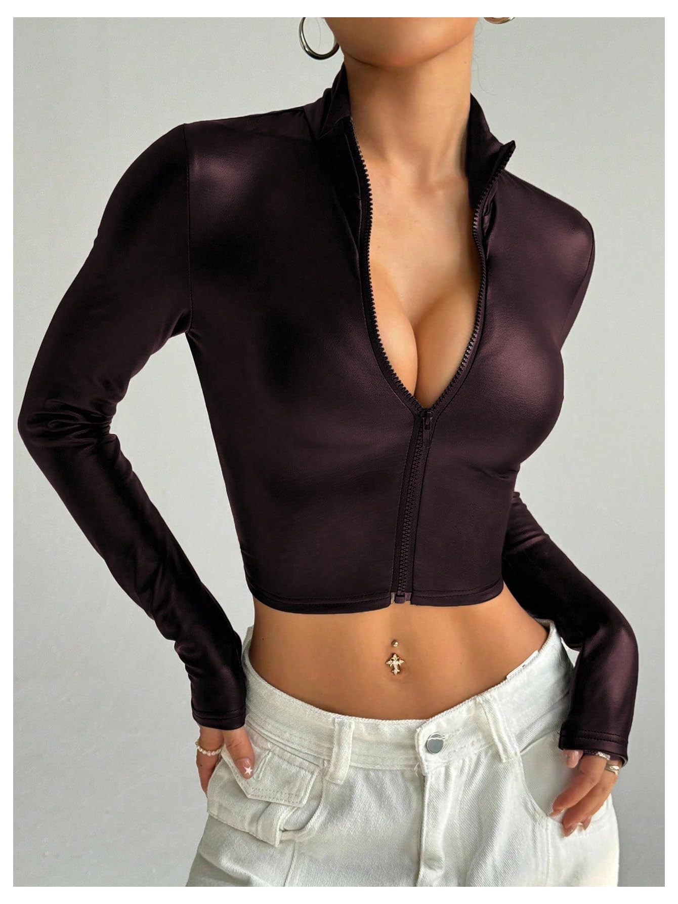 SOLY HUX Women's Faux Leather Zip Up Long Sleeve Fitted Crop Jackets Y2k Clothes Streetwear Plain Burgundy Medium