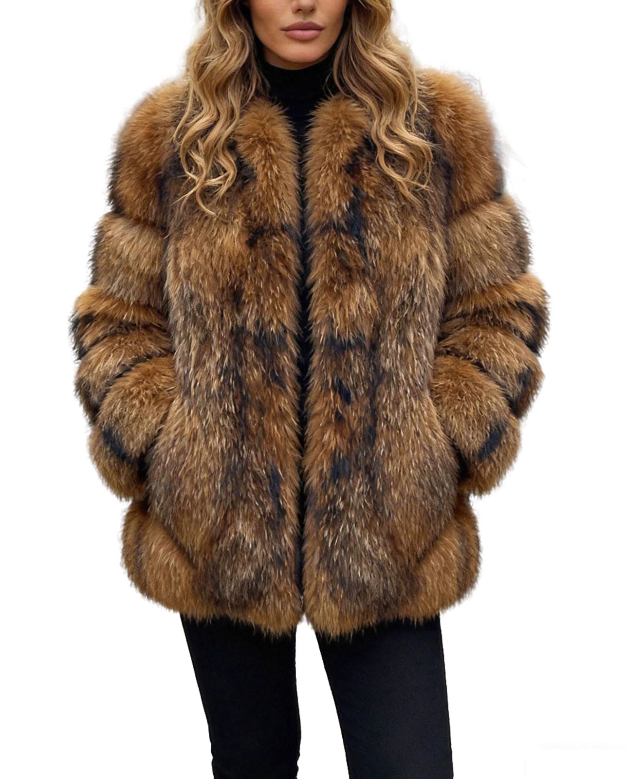 loveimgs Women Elegant Fuzzy Long Faux Fur Coat Puffer Jacket Collarless Parka Winter Zip Up Teddy Coat Overcoat (Small, Raccoon)