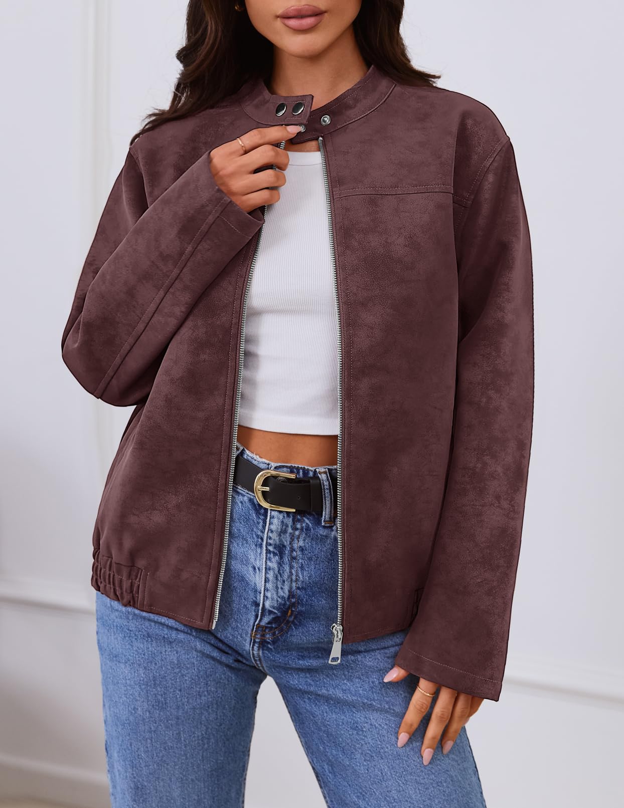 MEROKEETY Women's Faux Suede Bomber Jackets 2026 Trendy Long Sleeve Zip Up Fall Winter Coat Outerwear