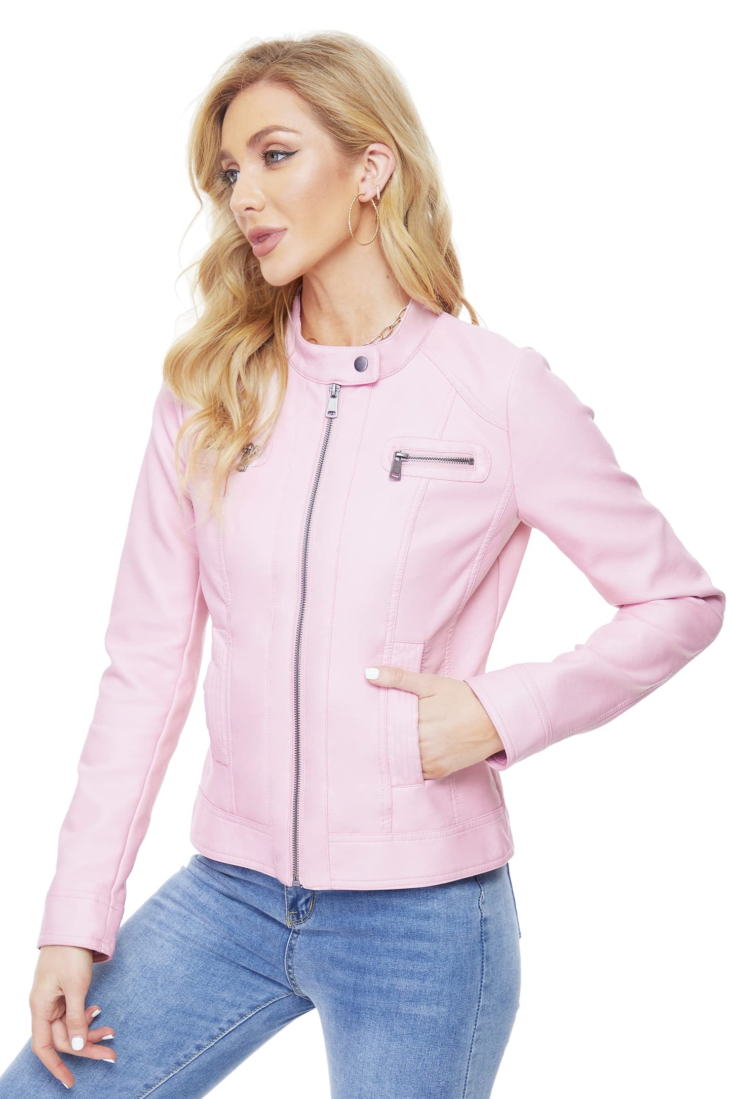 Fahsyee Women's Faux Leather Jackets, Zip Up Motorcycle Short PU Moto Biker Outwear Fitted Slim Coat Size S Pink