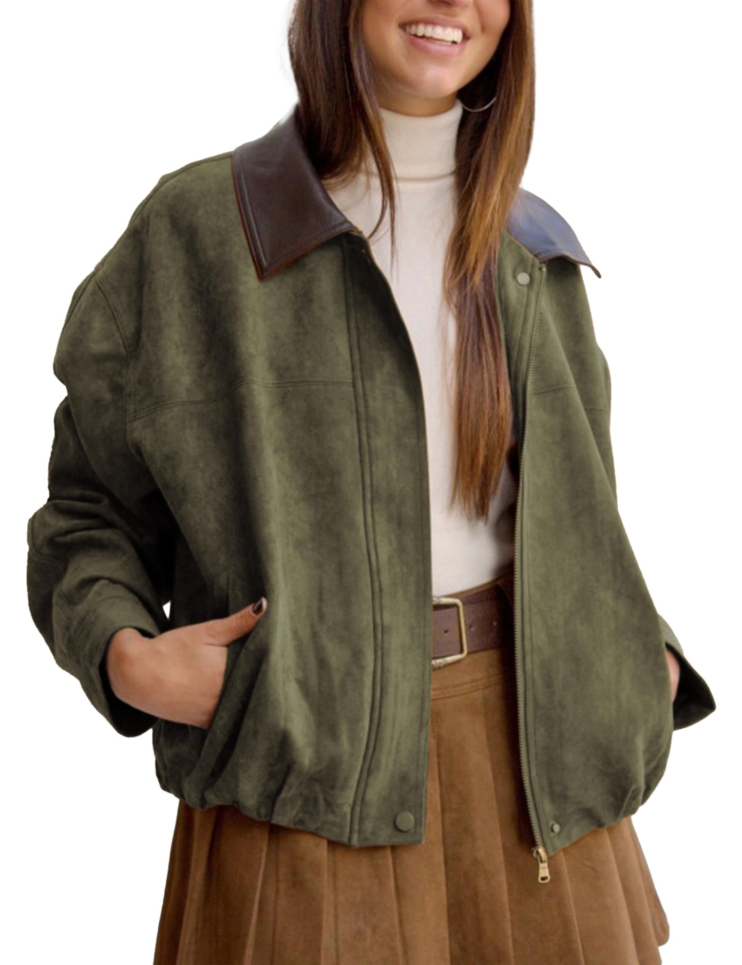 Yegthou Womens Faux Suede Bomber Jacket Casual Lapel Pilot Cropped Jackets Oversized Motorcycle Zip Up Outerwear Coats(ArmyGreen-XS)
