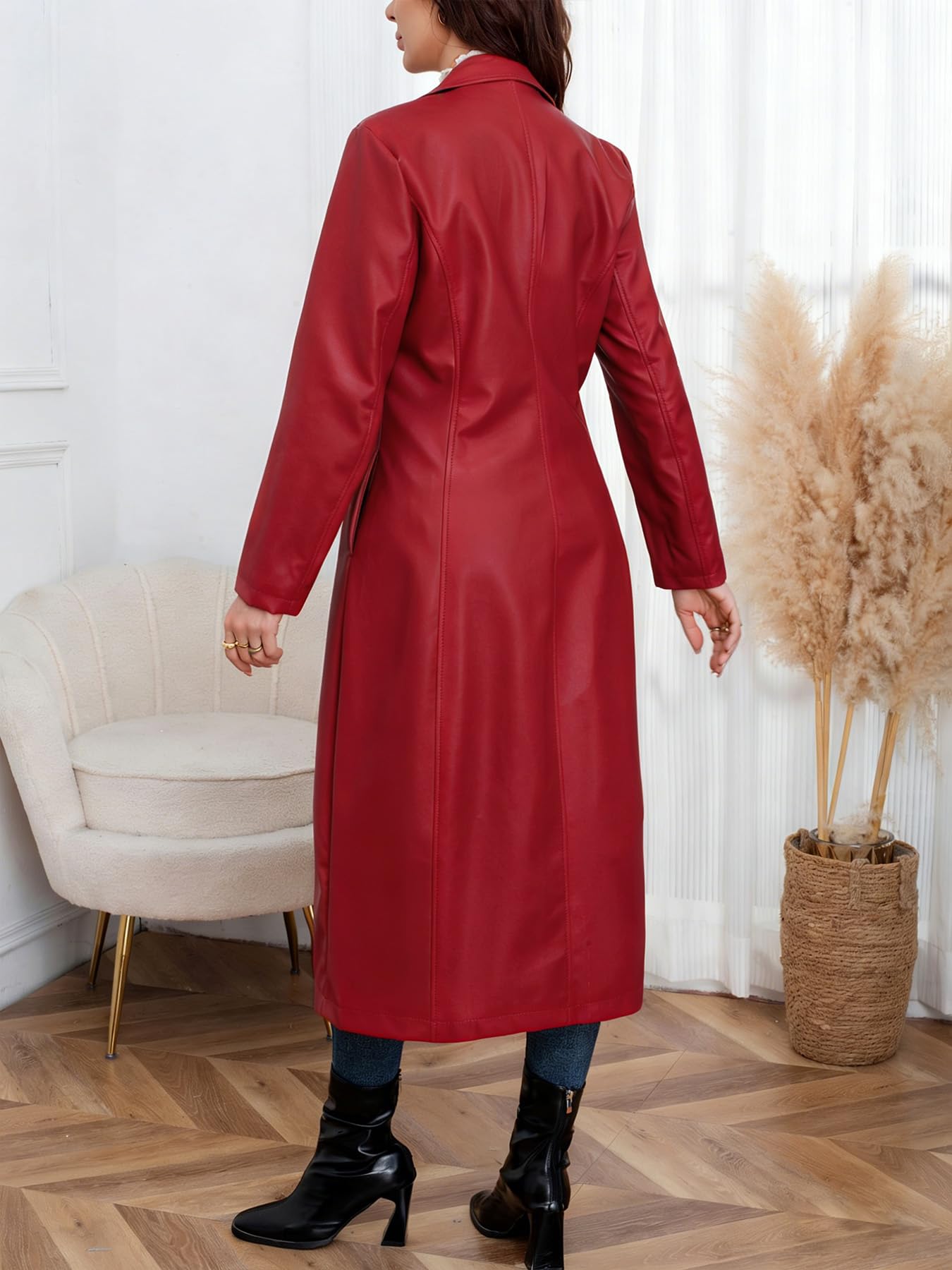 utcoco Womens Faux Leather Trench Coat Classic Lapel Button Down Maxi Jacket 2025 Stylish Overcoat (Small, Red)