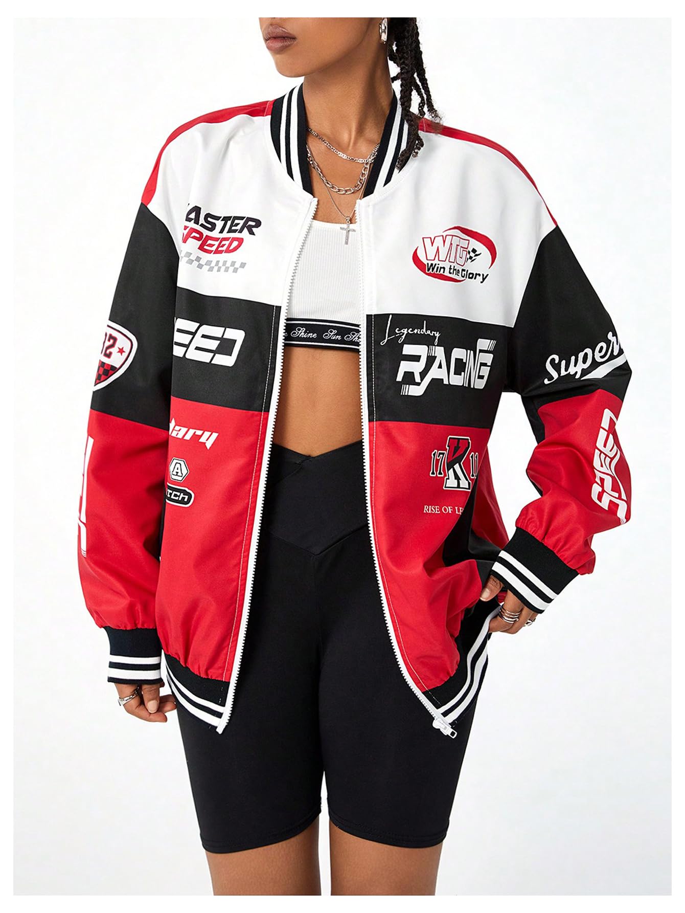 Verdusa Women's Graphic Motorcycle Racing Bomber Jacket Streetwear Zip Up Outerwear Y2k Fall Jackets Black Medium