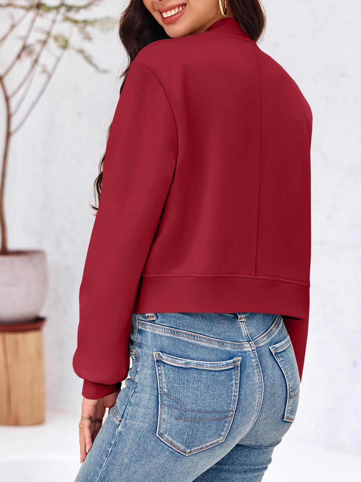 Tankaneo Womens Cropped Bomber Jackets Casual Button Down Long Sleeve Stand Collar Varsity Shacket Coats