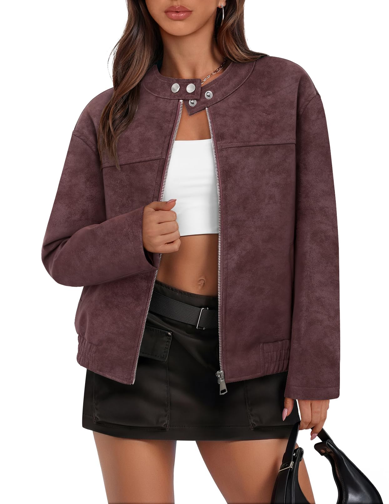 MEROKEETY Women's Faux Suede Bomber Jackets 2026 Trendy Long Sleeve Zip Up Fall Winter Coat Outerwear