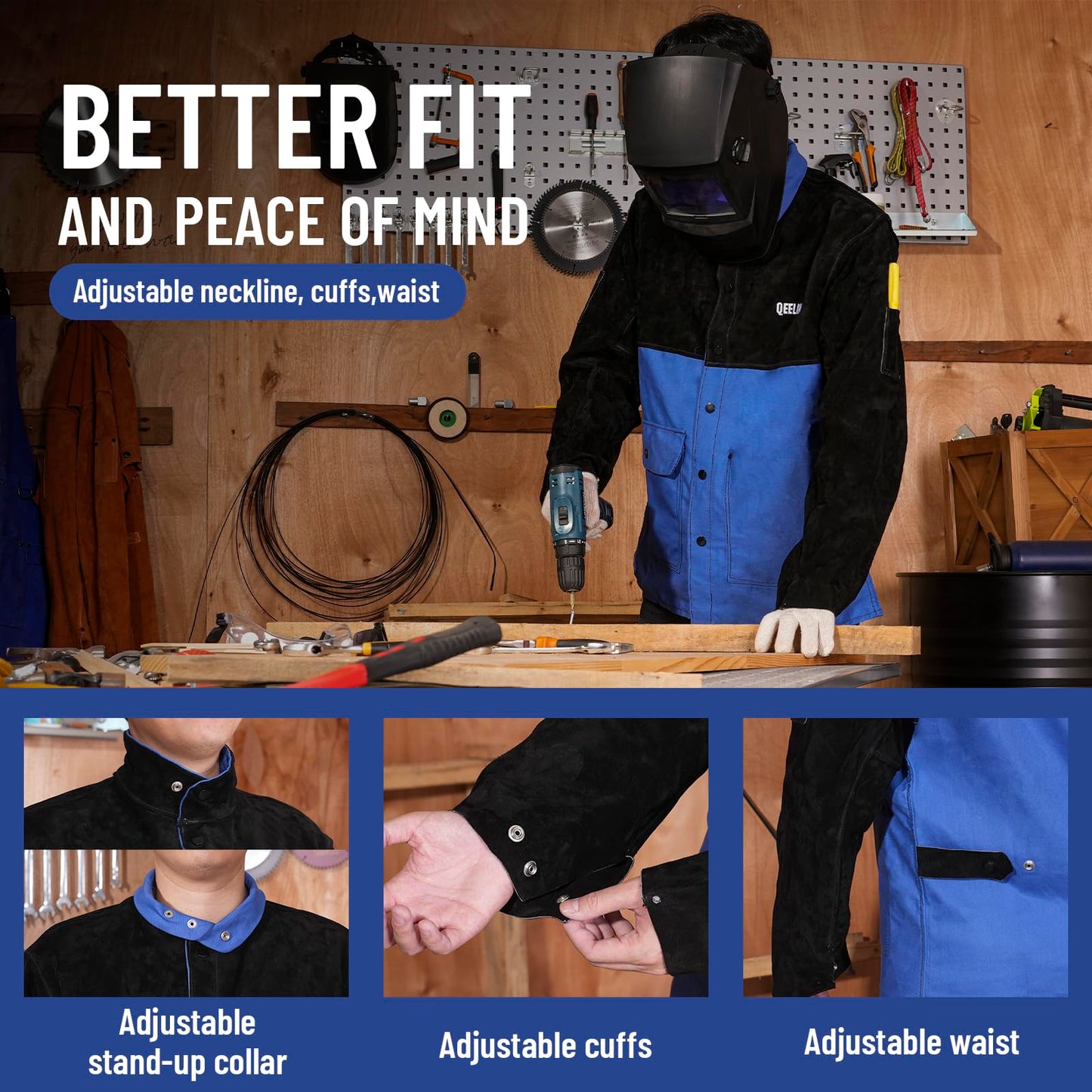QeeLink Welding Jacket Split Leather Sleeves | Premium Flame Resistant Cotton Body Hybrid Welder Jackets Clothes, X-Large