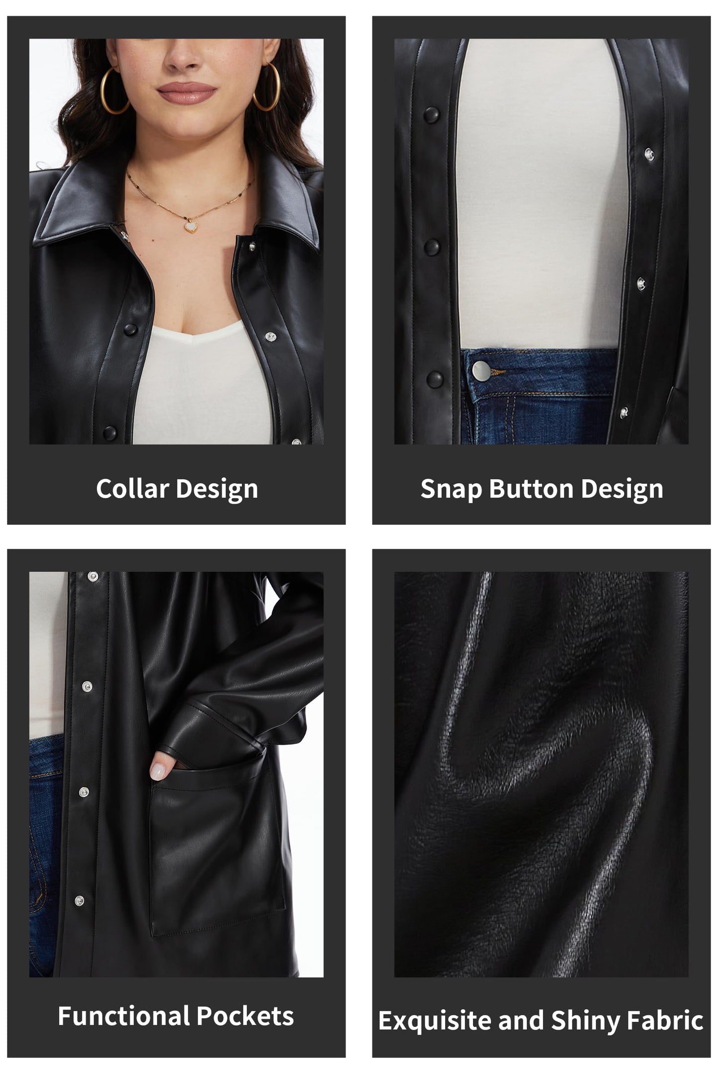 Fahsyee Women's Faux Leather Shacket Loose Fit Shirts Moto Biker Jacket L