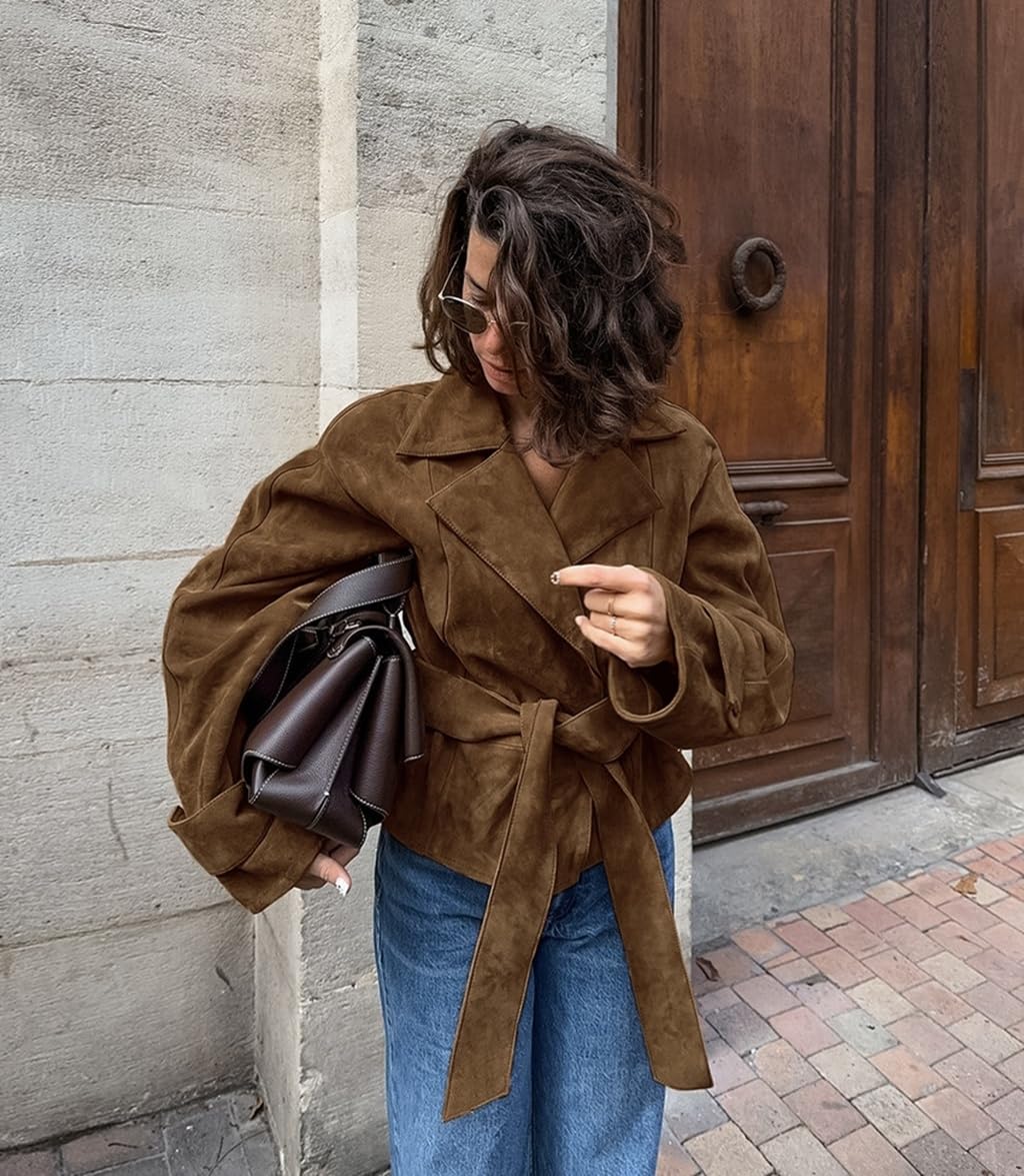 RISCUYY Suede Jacket Women Brown Belted Long Sleeve Lapel Button Down Cropped Faux Suede Jacket Women 2025