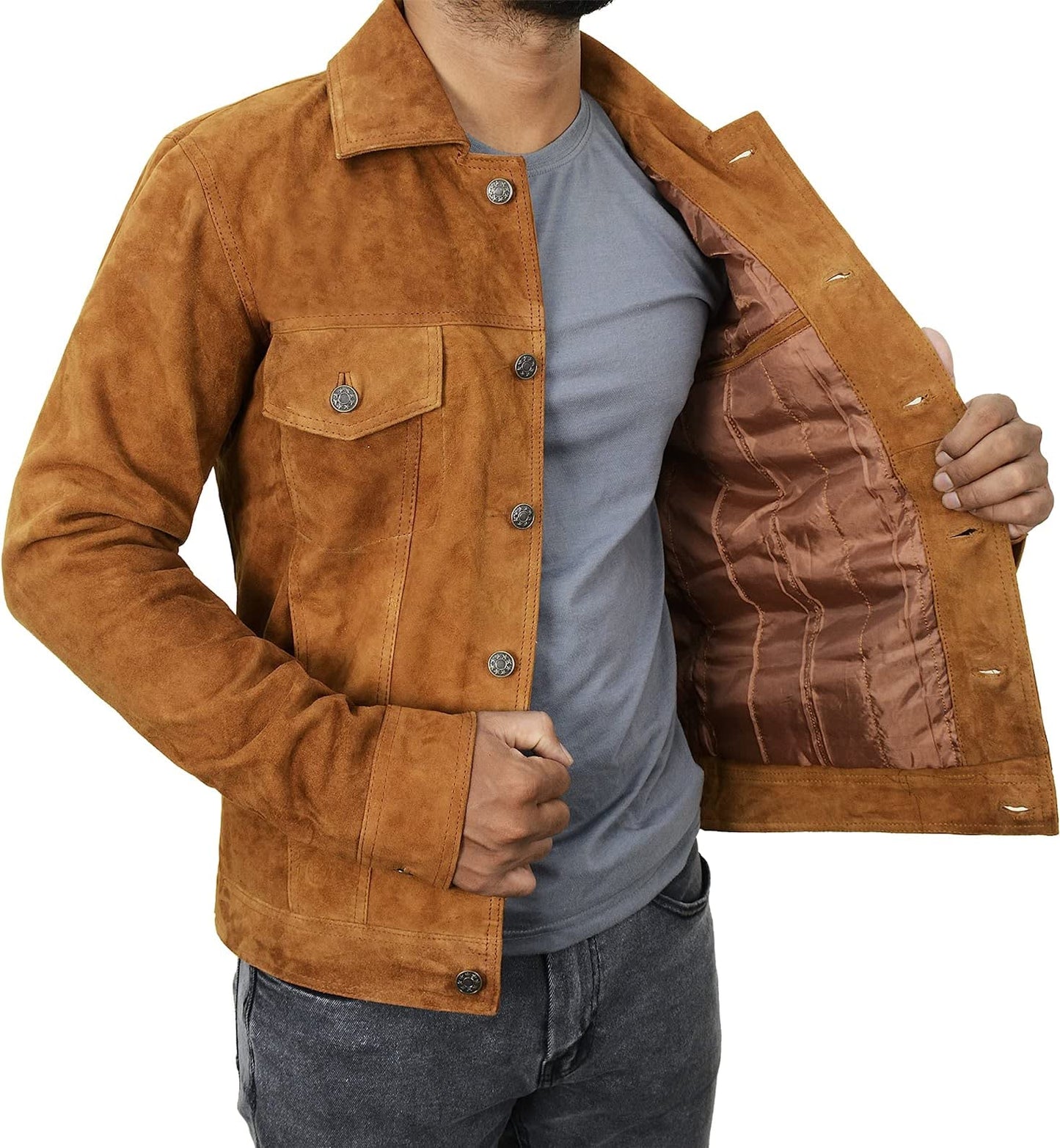 III-Fashions Mens Suede Jacket - Vintage Classic Western Trucker Coat Geniune Suede Leather Jacket (Camel Brown, M) (III-1001)