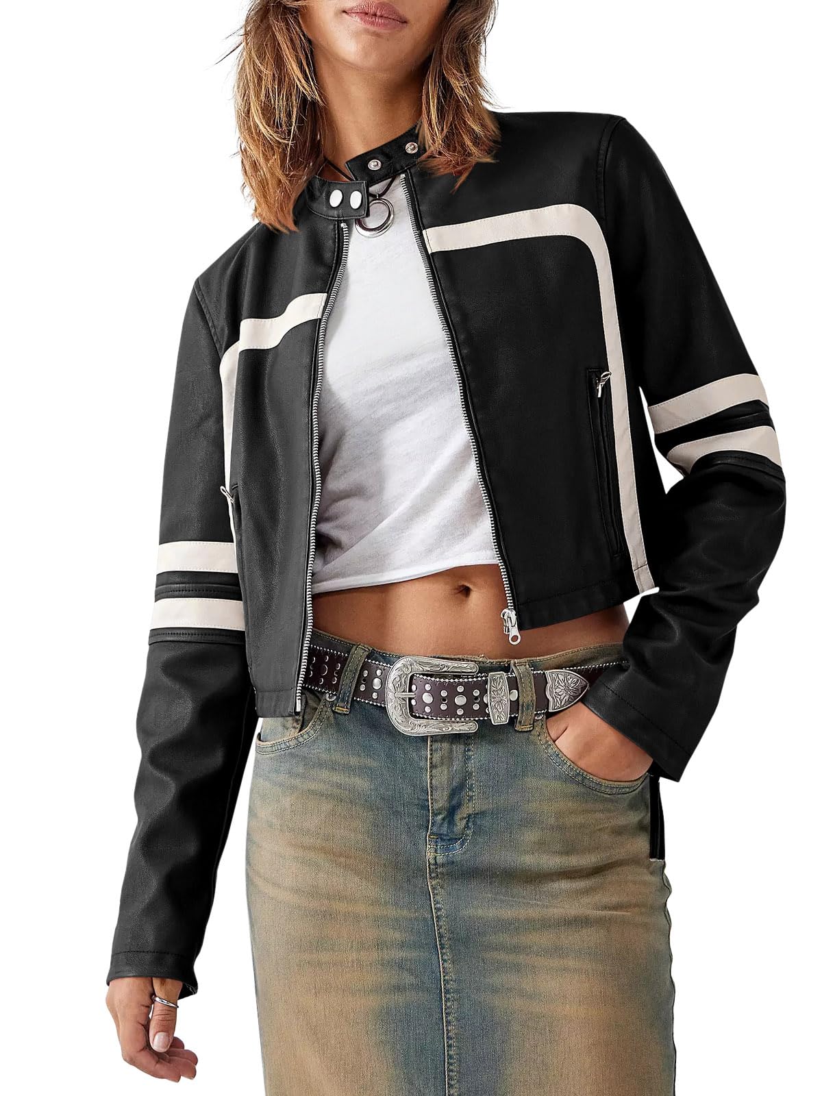 Saodimallsu Women’s Faux Leather Jackets Zip Up Stand Collar Cropped Motocross PU Coats