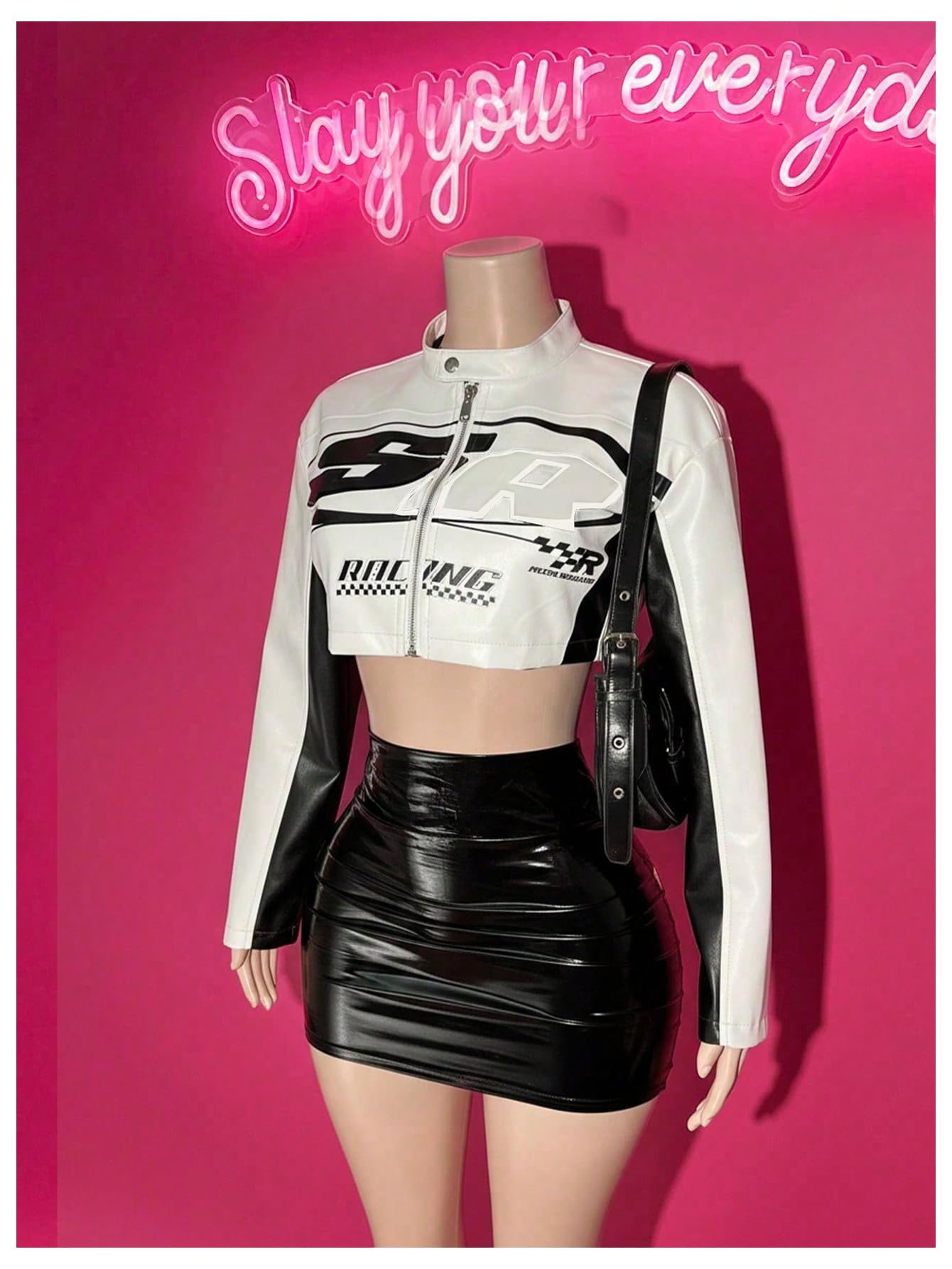 GORGLITTER Women's PU Leather Cropped Jacket F1 Racer Varsity Jacket Zip Up Color Block Graphic Motorcycle Biker Coats White Large
