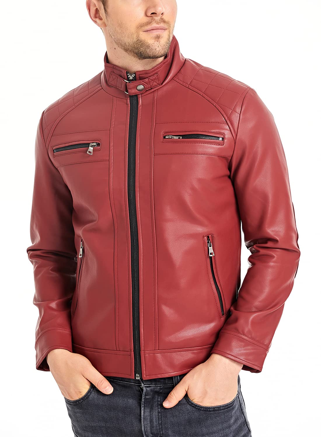 HOOD CREW Men’s Stand Collar Leather Jacket Casual Faux Leather Motorcycle Jacket Outerwear Coat with Zipper Pockets Red L
