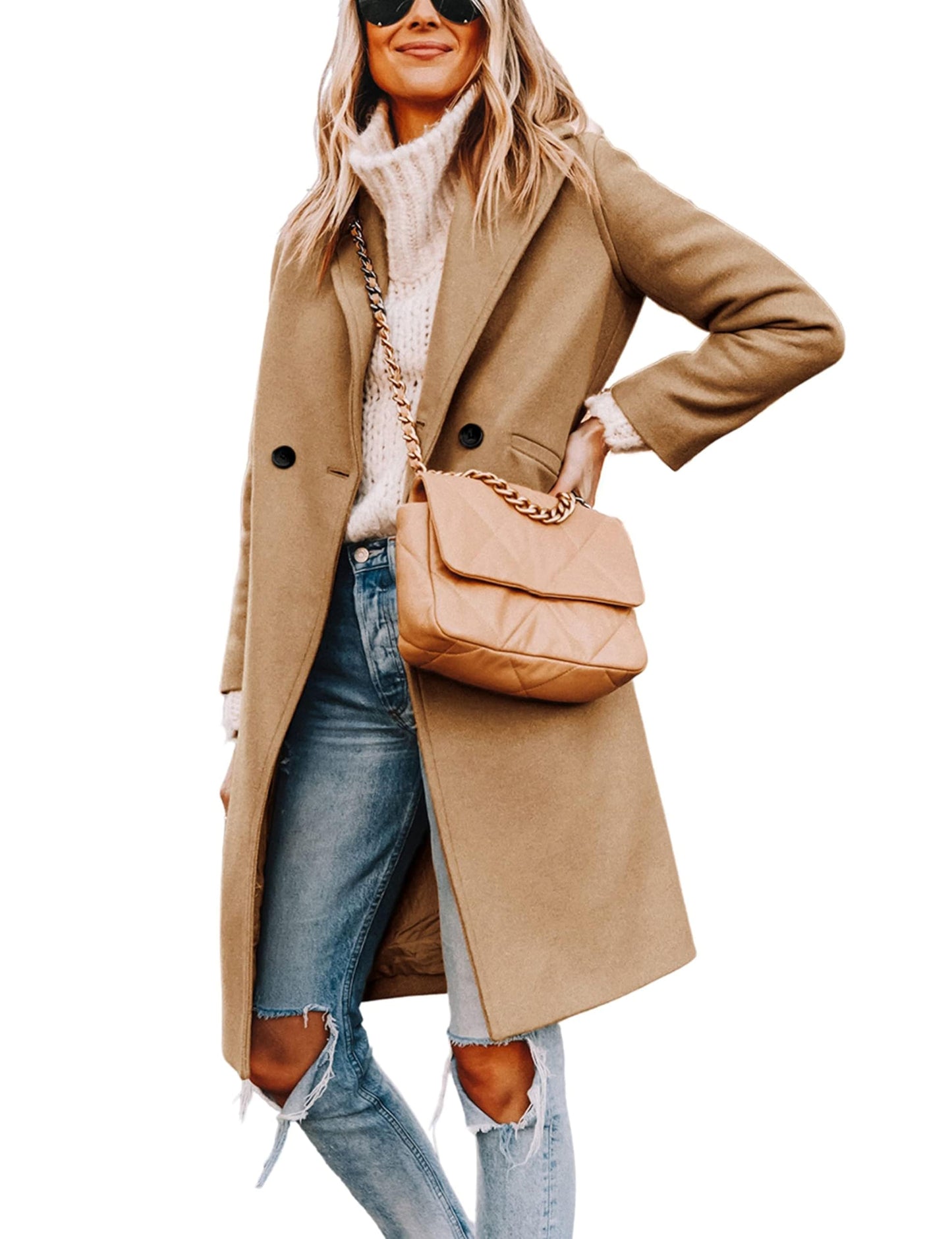 Tanming Women's Notch Lapel Double Breasted Wool Blend Mid Long Pea Trench Coat (Khaki-XL)