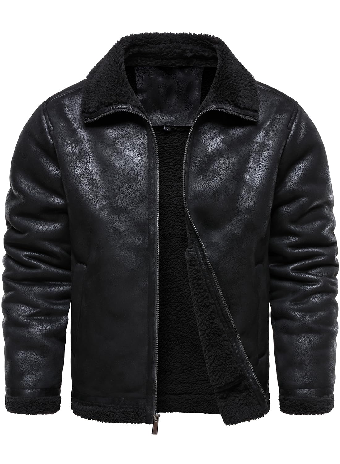 HOOD CREW Men’s Vintage Distressed Jacket Winter Warm Faux Shearling Leather Bomber Jackets Motorcycle Biker Coats Black M
