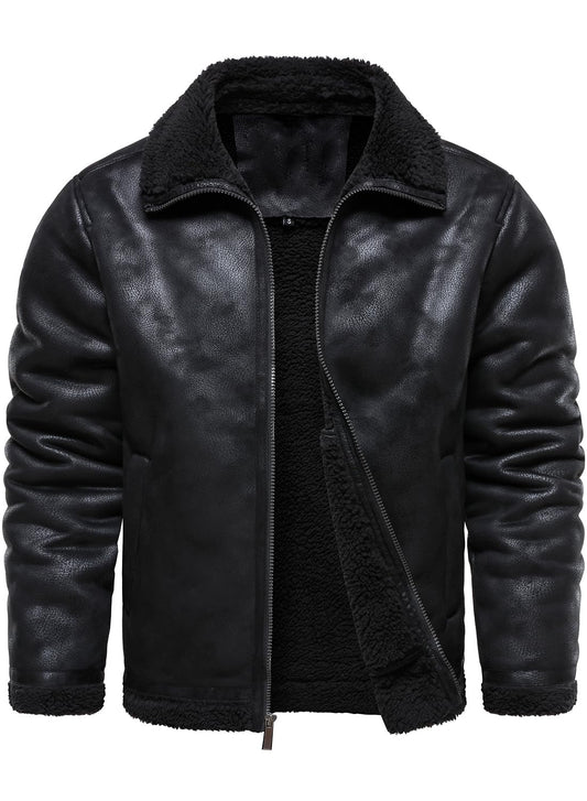 HOOD CREW Men’s Vintage Distressed Jacket Winter Warm Faux Shearling Leather Bomber Jackets Motorcycle Biker Coats Black M