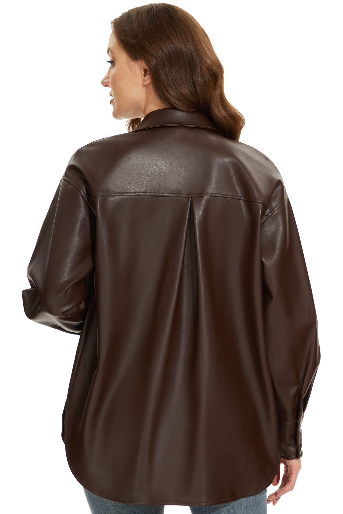 Fahsyee Women Faux Leather Shacket Moto Biker Shirts Loose Fit Blazer Long Sleeves Button Casual Jacket Plus Size S-XXL
