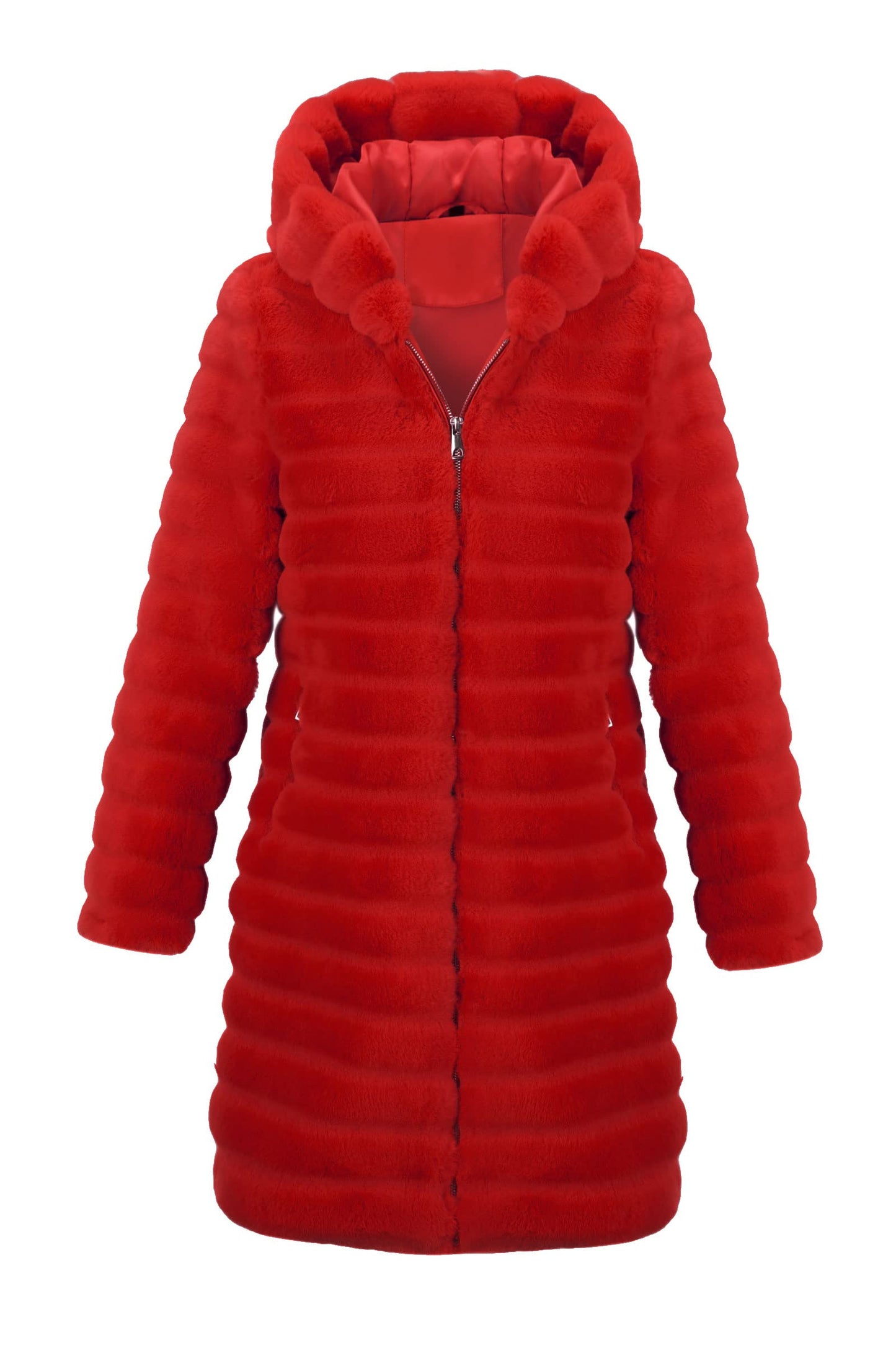 RISISSIDA Women Long Faux Fur Coat Fuzzy Jacket with Hood Fleece Winter Fall Thermal Shearling Warm Fluffy Furry Overcoat B Red 120757A X-L