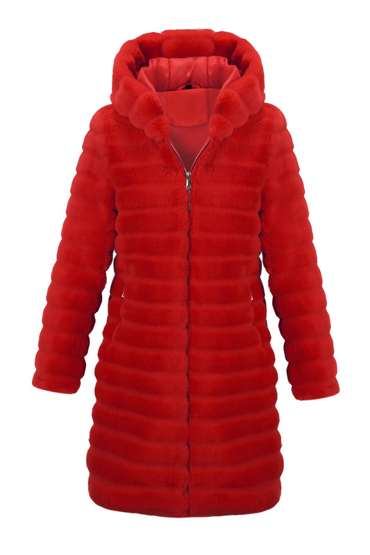 RISISSIDA Women Long Faux Fur Coat Fuzzy Jacket with Hood Fleece Winter Fall Thermal Shearling Warm Fluffy Furry Overcoat B Red 120757A X-L