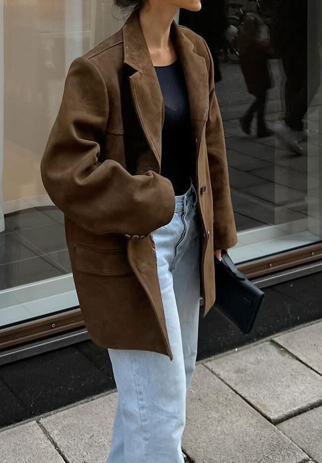 loveimgs Women Retro Brown Faux Suede Jacket Leather Blazer Coat Old Money Aesthetic Fall Jacket Bomber Y2k Oversized (Small, Brown)