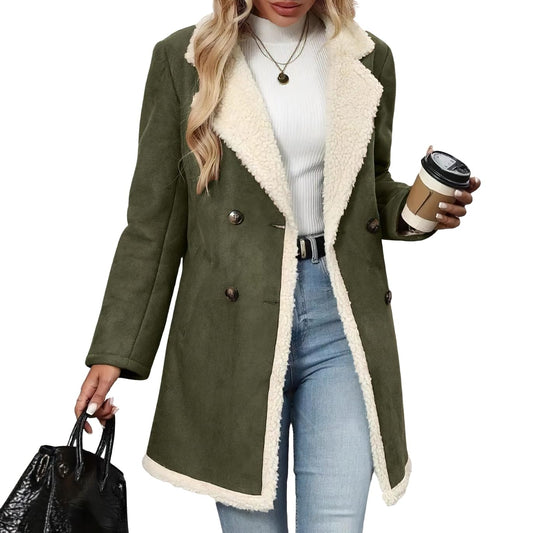 chouyatou Women's Winter Notch Lapel Double Breasted Peacoat Sherpa Fleece Lined Faux Suede Jacket Coat (X-Large,Green)